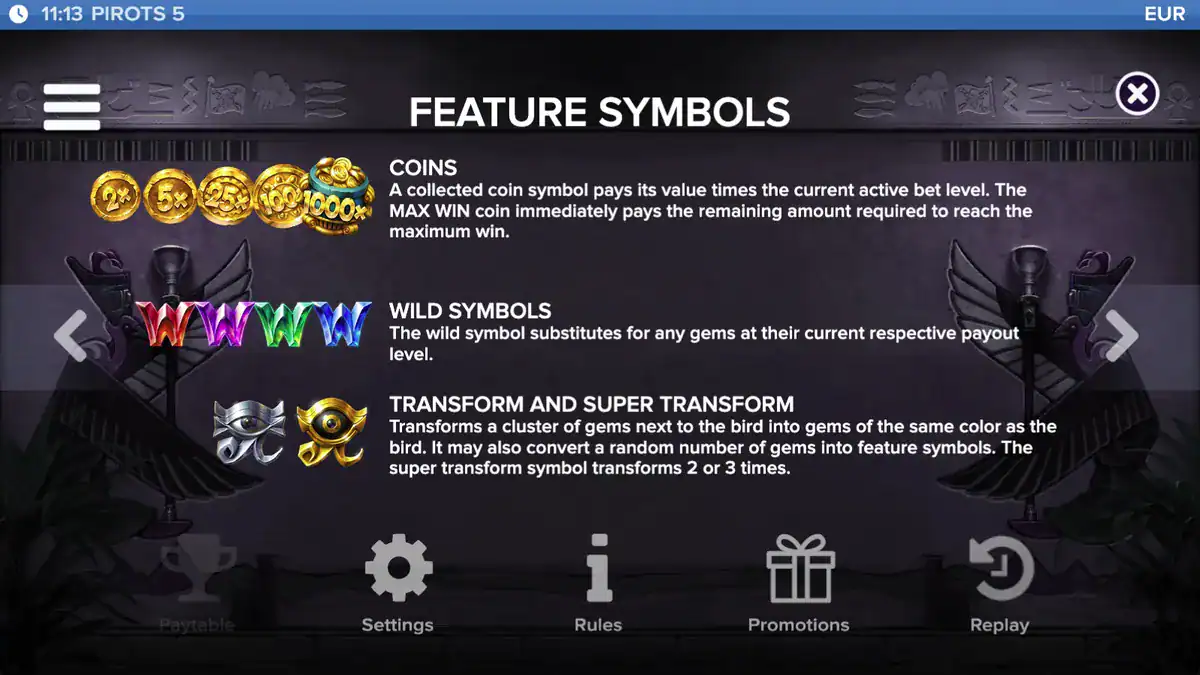 Feature-symbolen: upgrade, transform, wild en coins in Pirots 5