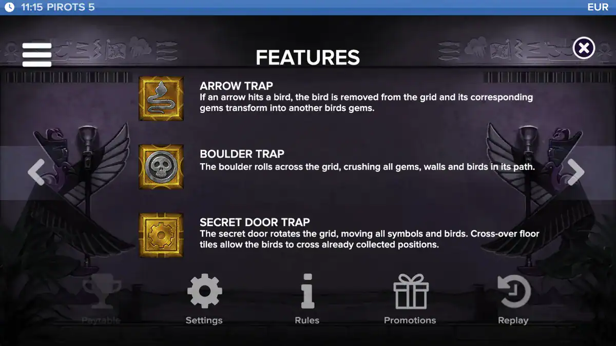 Vallen: arrow trap, boulder trap en secret door in Pirots 5